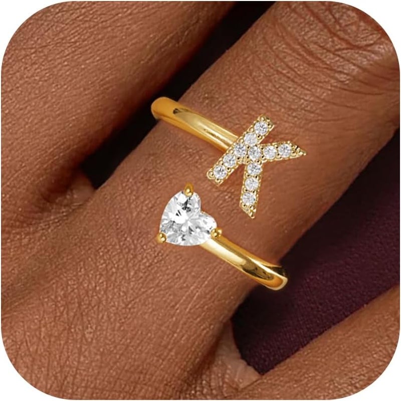 Treasure Bender Valentines Day Gifts Initial Gold Rings for Girls Women - Dainty 14K Gold Plated Adjustable Letter A-Z Rings Teen Girls Gifts Trendy Stuff Heart CZ Initial Ring Teens Birthday Gift - Image 1